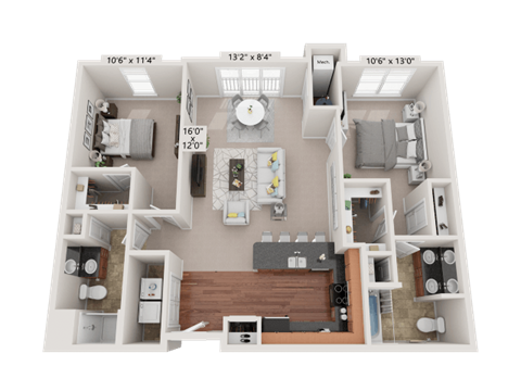 Floor plan for 2 beds, 2 baths, 1134 sqft